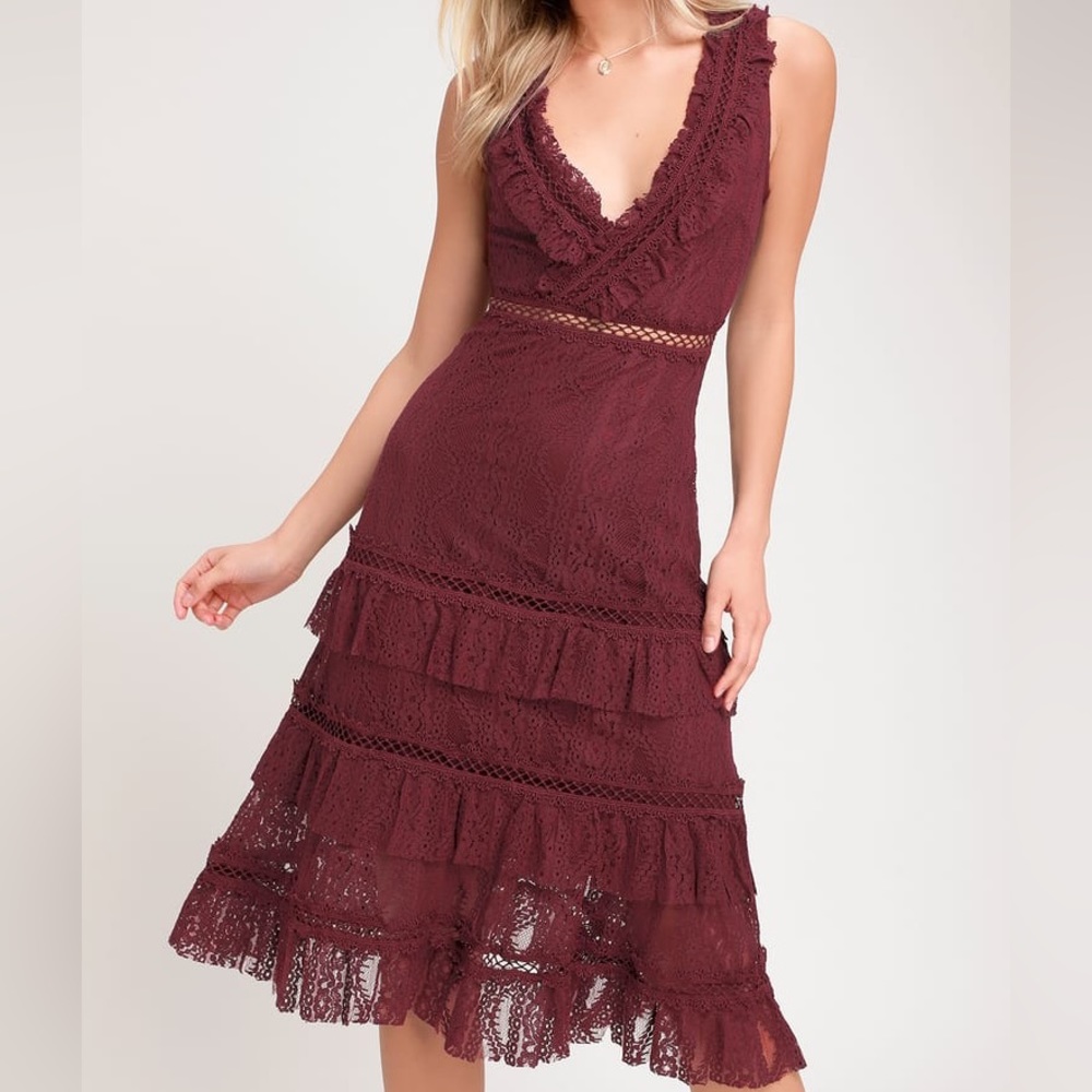 Brynn Burgundy Lace Ruffled Midi Dress